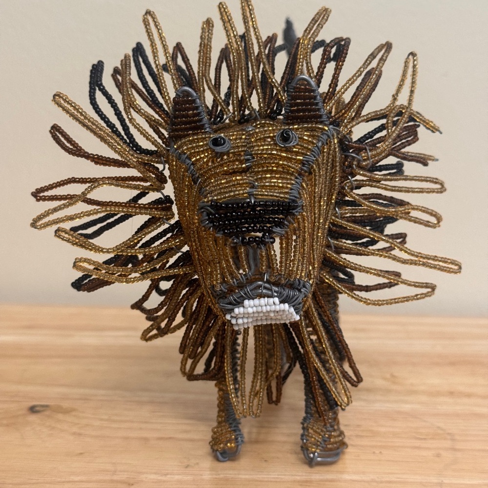 Vintage Handmade Wire Framed Glass Beaded Lion Figurine Africa Safari Animal